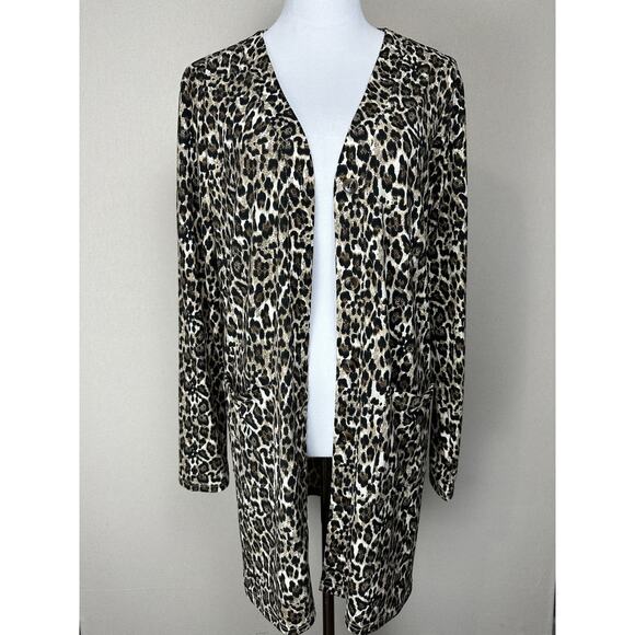 Women’s Sz L Long Cardigan Duster Sweater Animal Print Long Sleeve Pockets - Picture 1 of 15